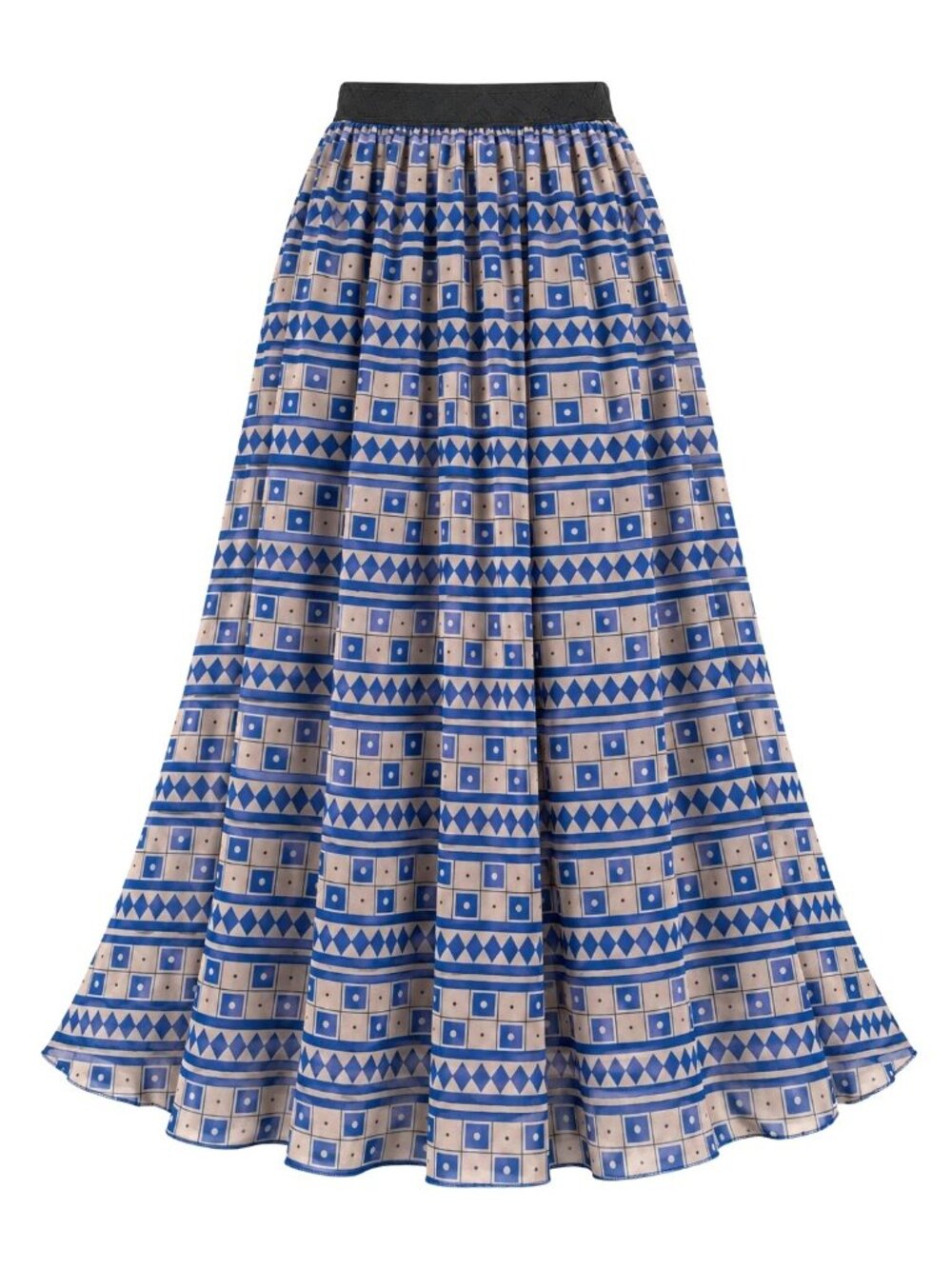LuLaRoe XS Blue Tan Geometric Lucy Chiffon Maxi Skirt Fully Lined Elastic Waist